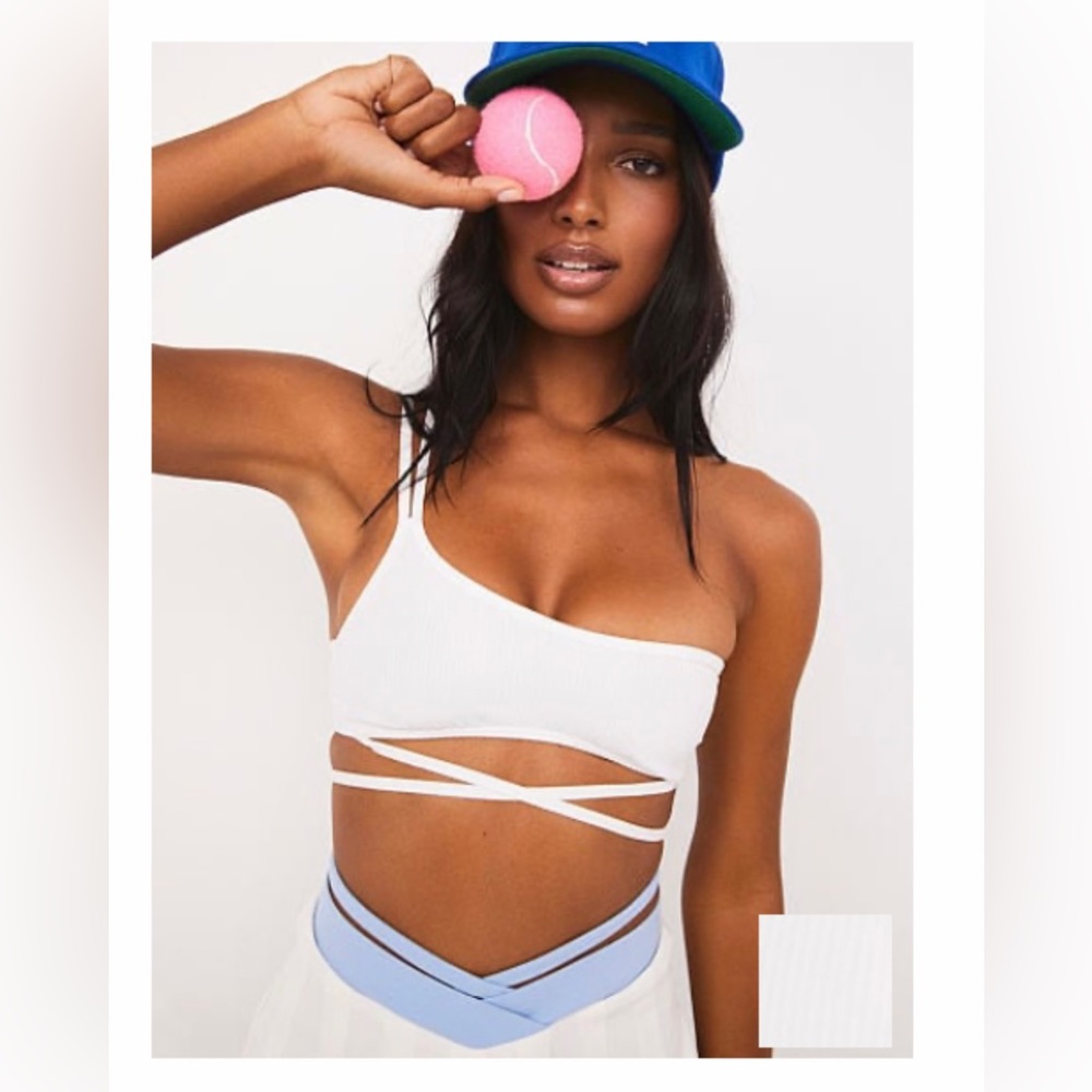 For Love and Lemons Chloe Ribbed White Asymmetric Strappy White Sports Bra